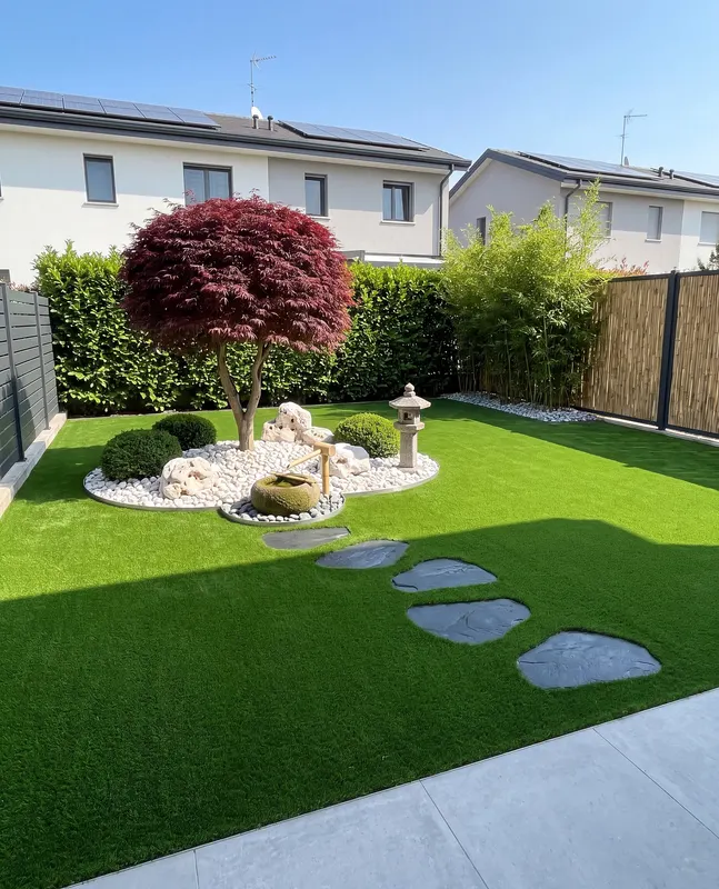 Giardino di 40 m² in prato sintetico a Brescia con bordo in metallo, acero potato a nuvola davanti alla portafinestra