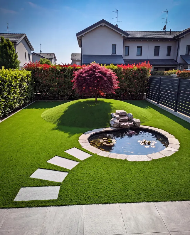 Giardino di 60 m² in prato sintetico a Milano con sintetico posato a spicchi per seguirne la curva, laghetto con le ninfee e la cascatella