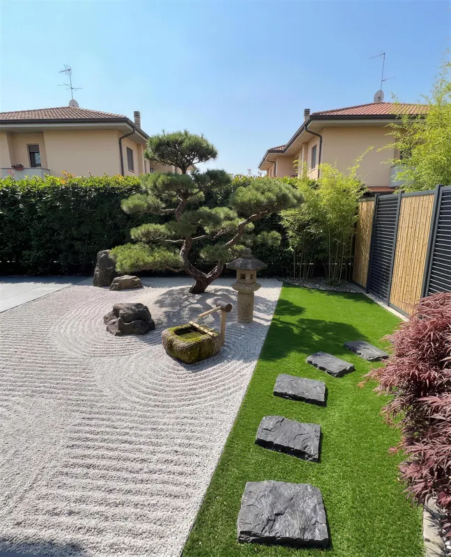 Giardino di 70 m² a Milano con pino potato a nuvole, vasca in pietra con la canna di bambù