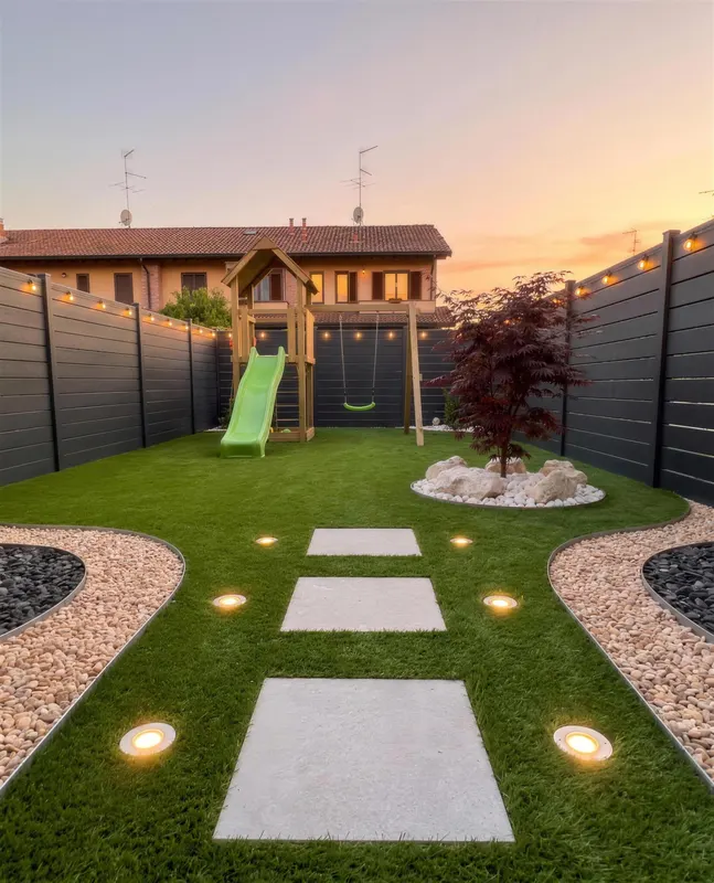 Giardino di 90 m² in prato sintetico, Milano e provincia con dove ci stanno scivolo e altalena, lastre verso la porta con i faretti a raso
