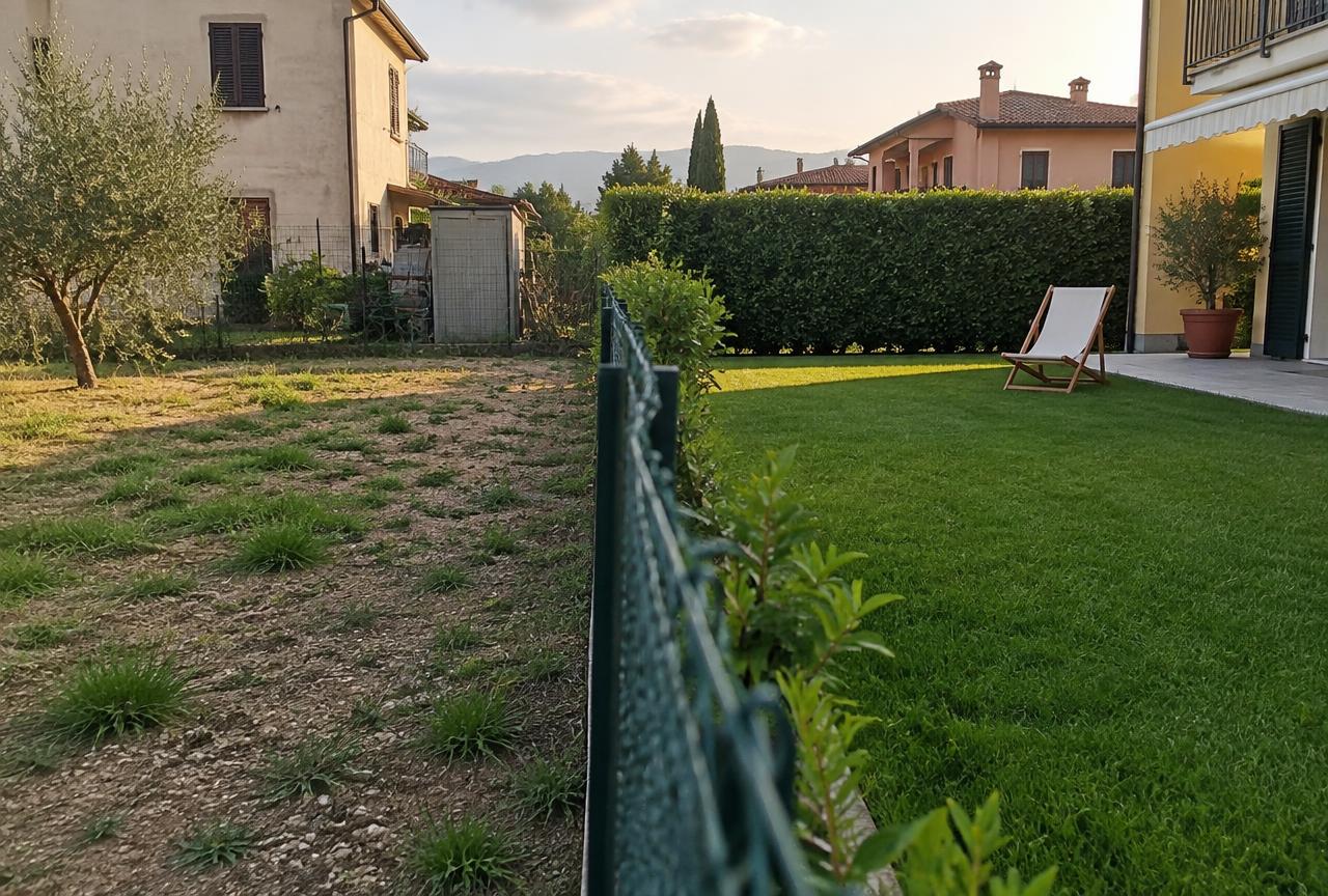 Confronto tra un prato spelacchiato e il prato verde e curato del vicino